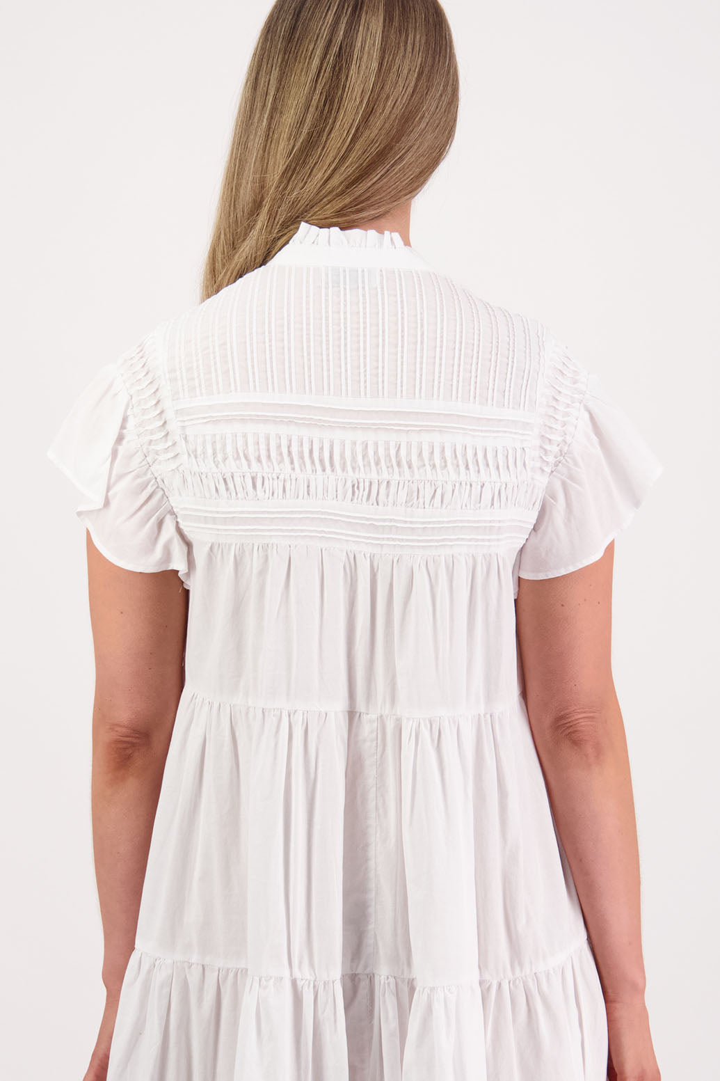 Womens White Cotton Voile dress. Below the knee length, 3-tier dress with ruffle sleeves. Briarwood NZ. Sonia
