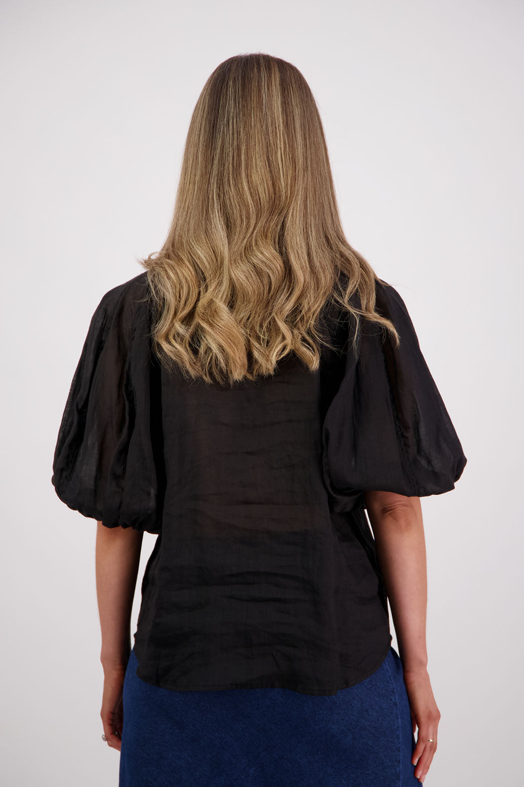 Womens shirt with elbow length puff sleeves and slimmer fit through the body. Briarwood NZ. Ramie, Sophia, Black
