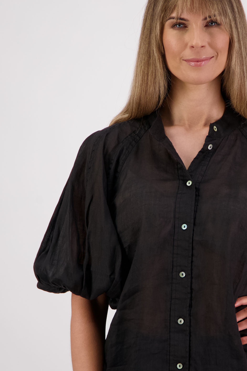 Womens shirt with elbow length puff sleeves and slimmer fit through the body. Briarwood NZ. Ramie, Sophia, Black