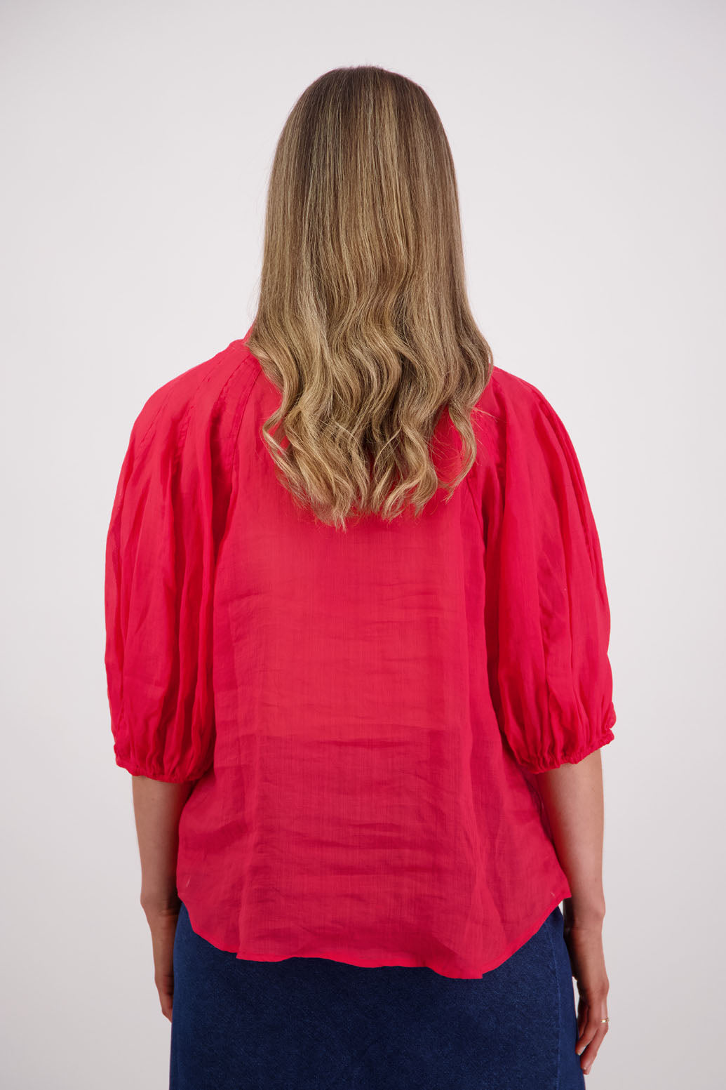 Womens shirt with elbow length puff sleeves and slimmer fit through the body. Briarwood NZ. Ramie, Sophia, Red