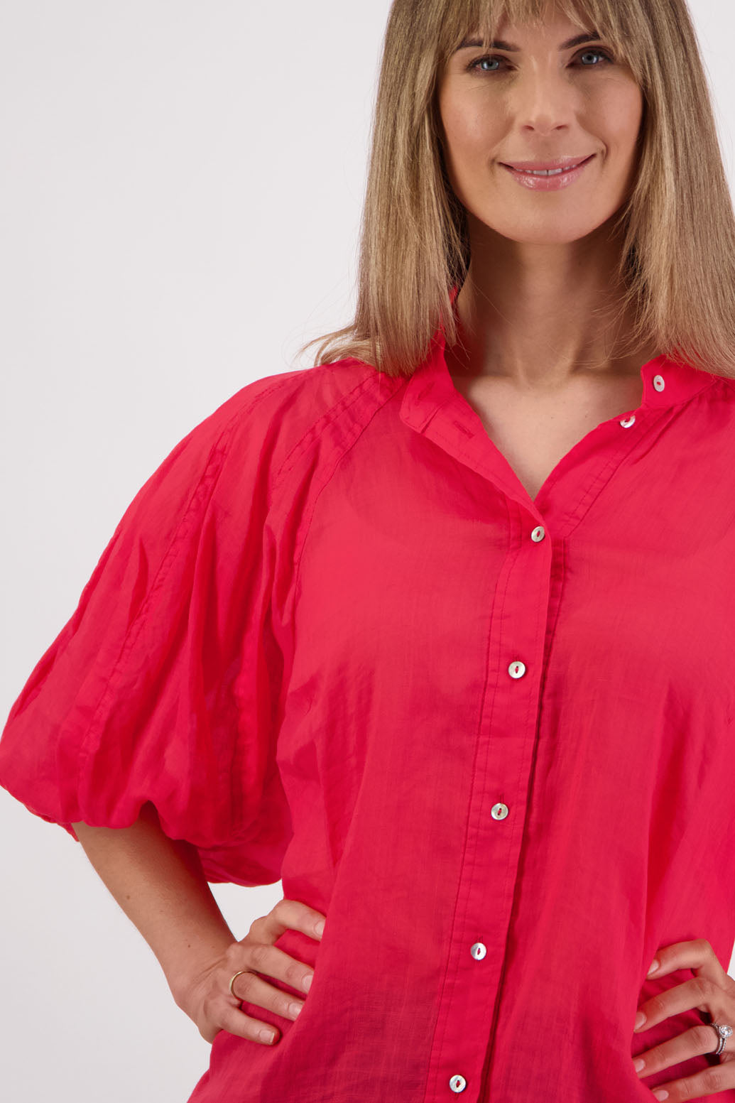 Womens shirt with elbow length puff sleeves and slimmer fit through the body. Briarwood NZ. Ramie, Sophia, Red