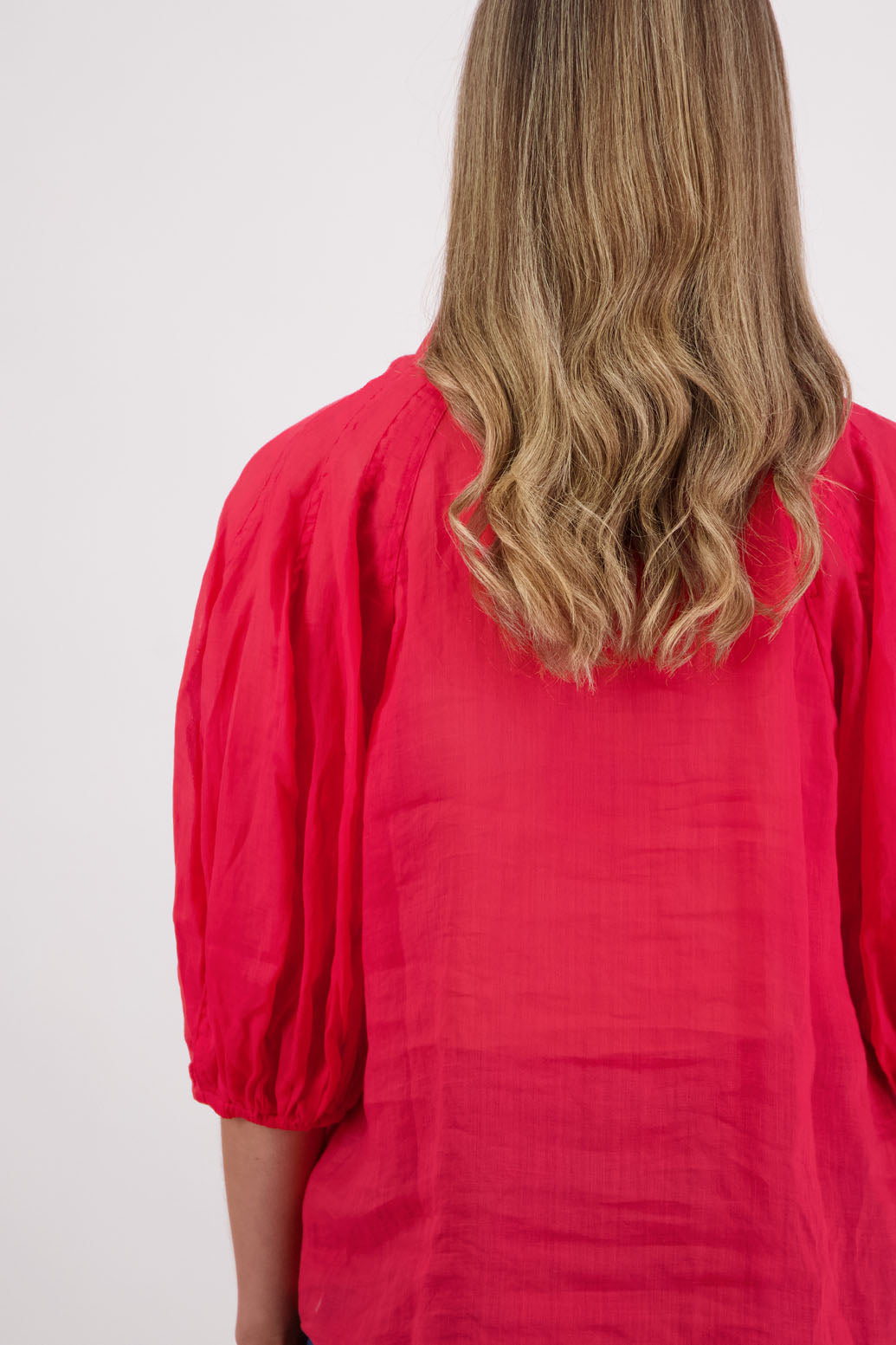 Womens shirt with elbow length puff sleeves and slimmer fit through the body. Briarwood NZ. Ramie, Sophia, Red