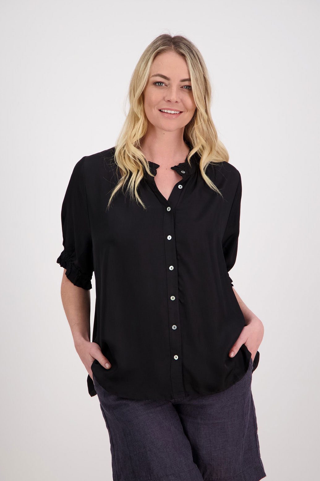 Sophie Womens Viscose Short Sleeve Shirt with Ruffle sleeves and neck. Black