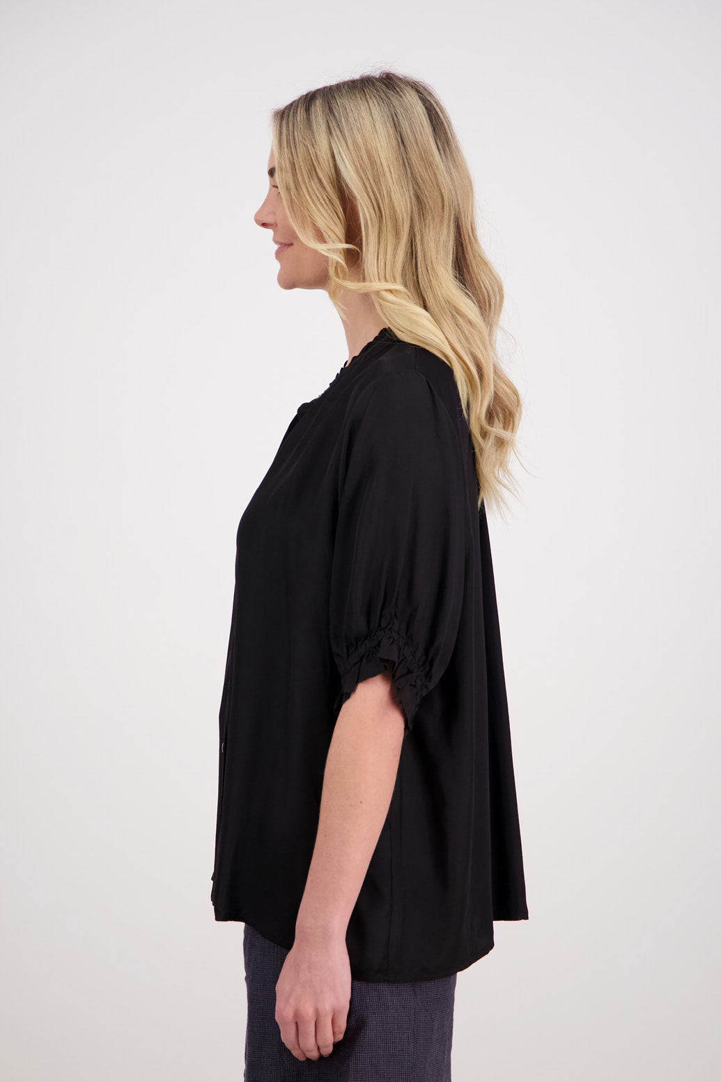 Sophie Womens Viscose Short Sleeve Shirt with Ruffle sleeves and neck. Black
