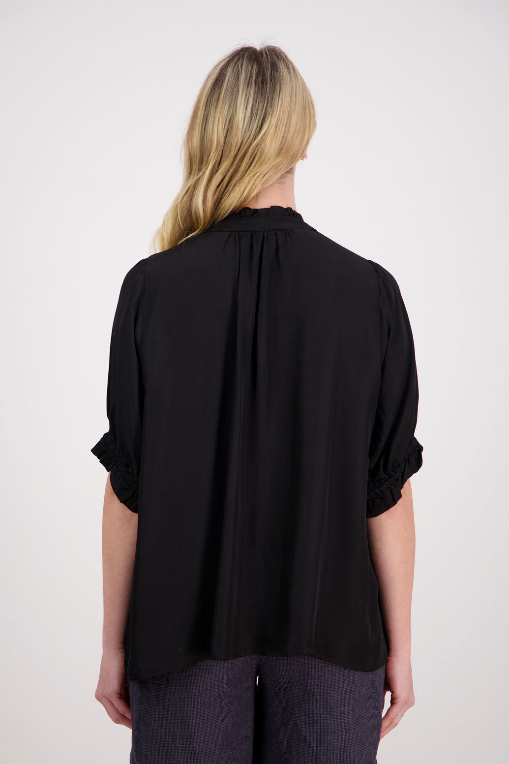 Sophie Womens Viscose Short Sleeve Shirt with Ruffle sleeves and neck. Black