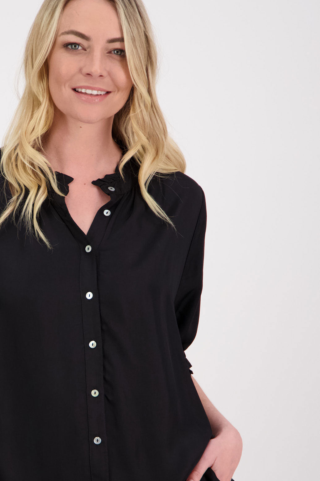Sophie Womens Viscose Short Sleeve Shirt with Ruffle sleeves and neck. Black