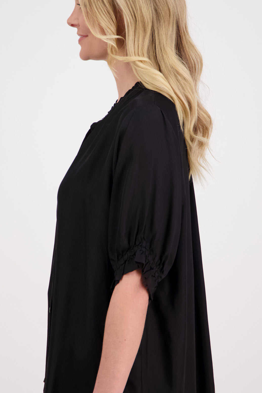 Sophie Womens Viscose Short Sleeve Shirt with Ruffle sleeves and neck. Black