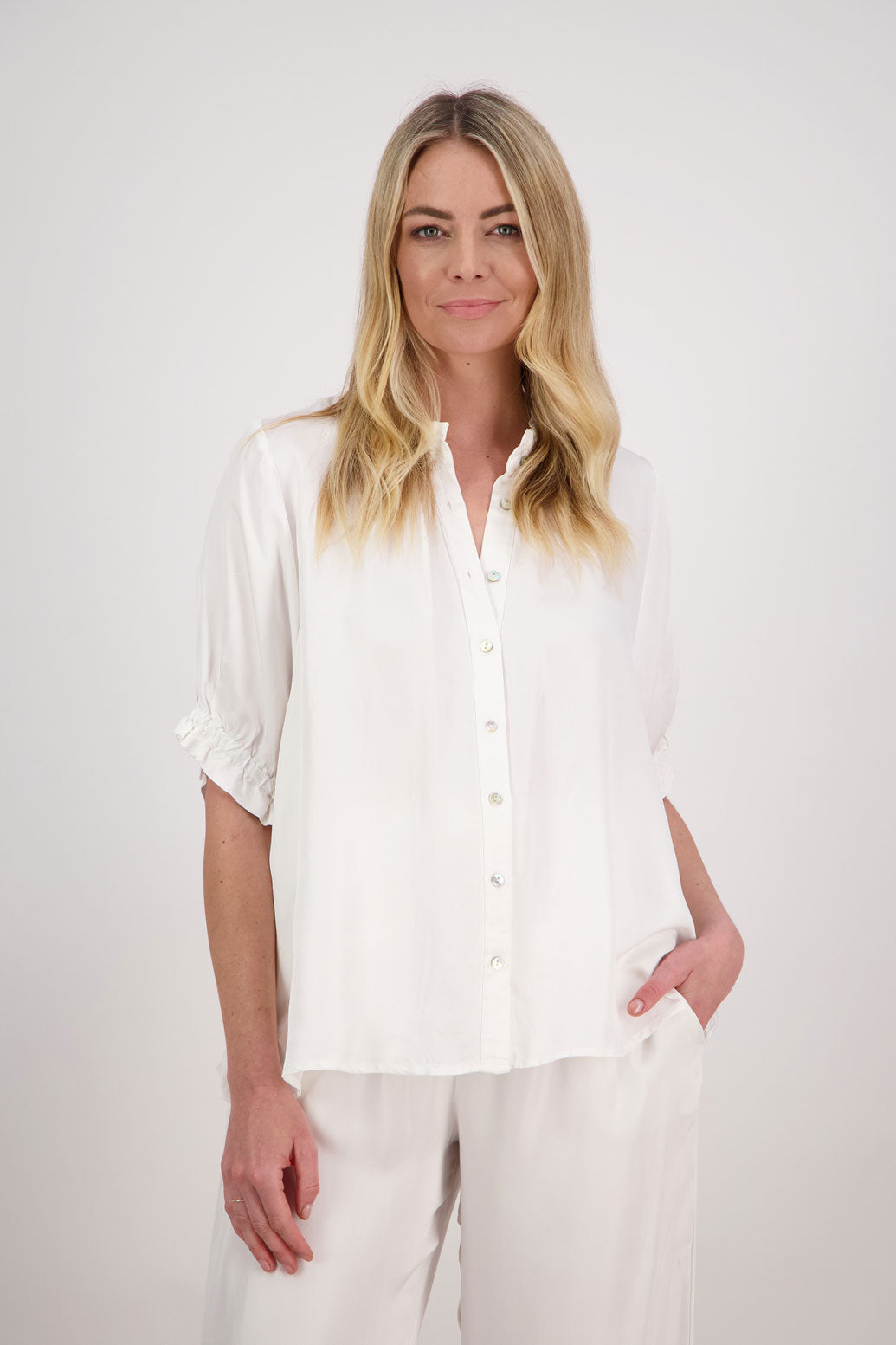 Sophie Womens Viscose Short Sleeve Shirt with Ruffle sleeves and neck. Ivory