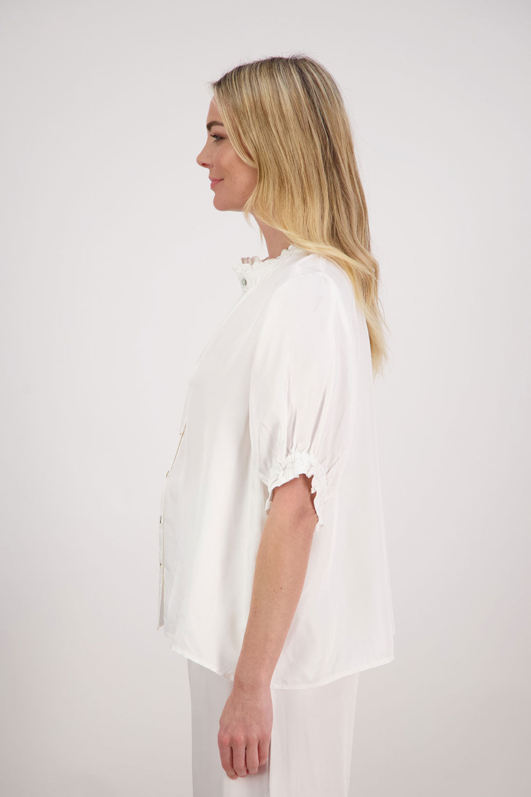 Sophie Womens Viscose Short Sleeve Shirt with Ruffle sleeves and neck. Ivory