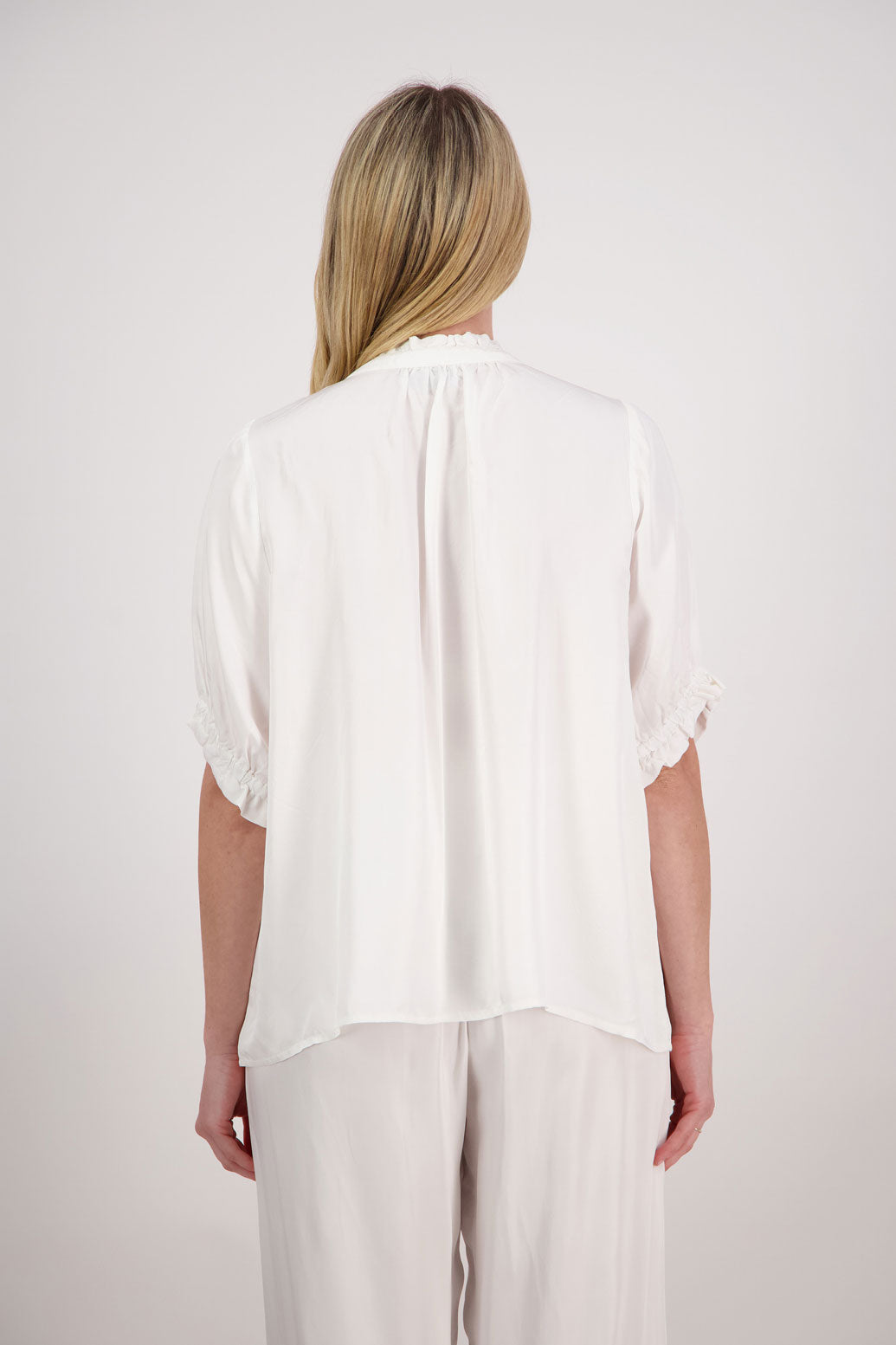 Sophie Womens Viscose Short Sleeve Shirt with Ruffle sleeves and neck. Ivory