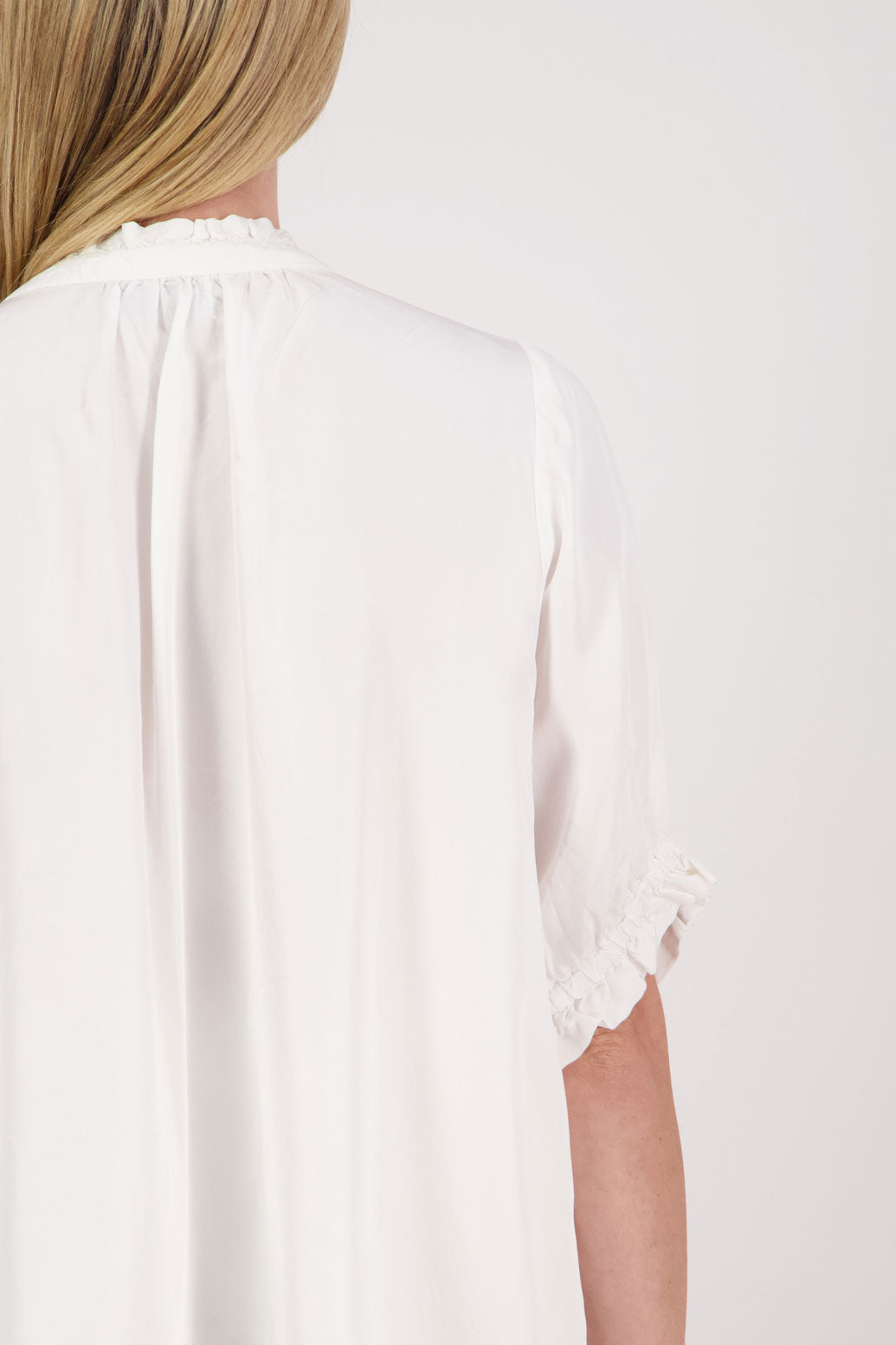Sophie Womens Viscose Short Sleeve Shirt with Ruffle sleeves and neck. Ivory