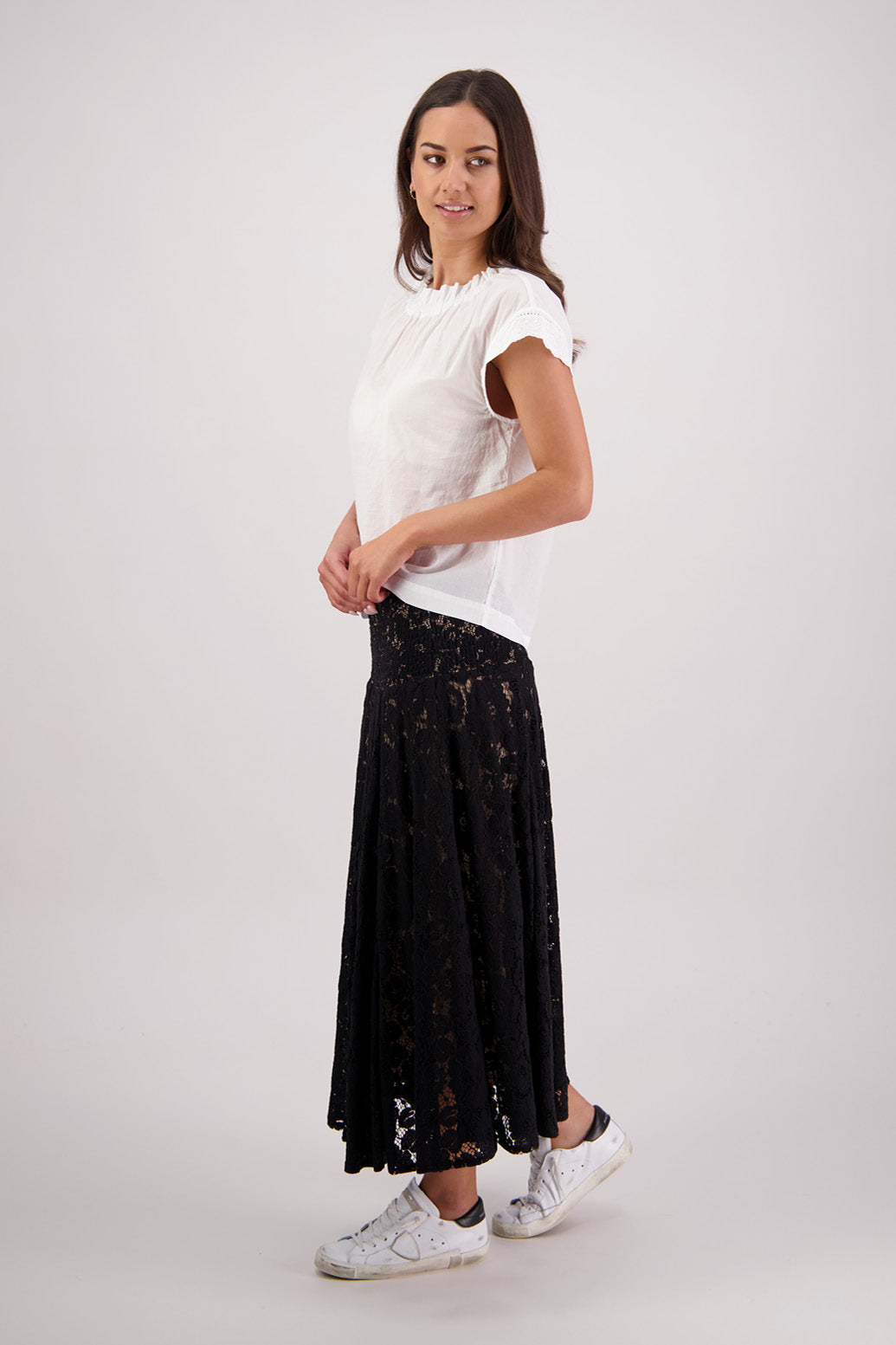 Side view of Briarwood Sparkle Lace Skirt in Black.