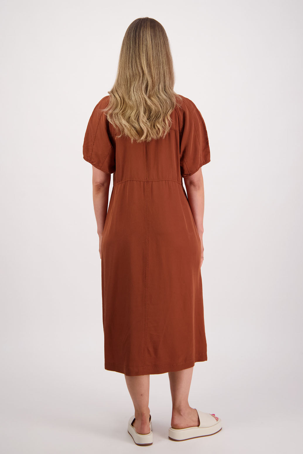 Womens tan dress with curved empire line bodice. Slim fitting body and midi length. Viscose. Briarwood NZ. Stacey