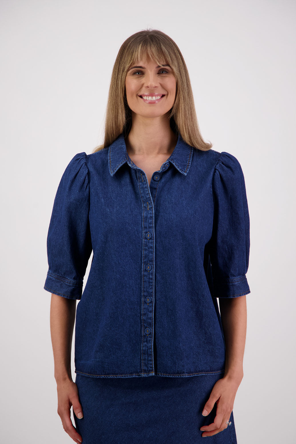 Womens denim shirt with elbow length puff sleeves, slightly fitted. Briarwood NZ. Stella