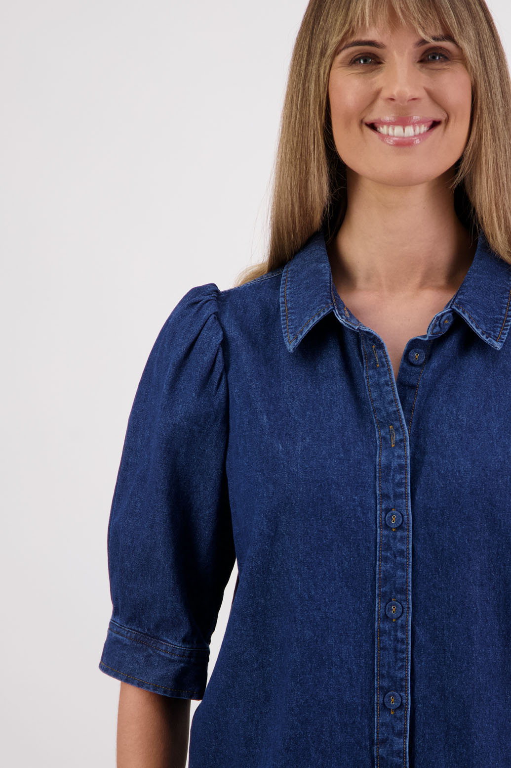 Womens denim shirt with elbow length puff sleeves, slightly fitted. Briarwood NZ. Stella