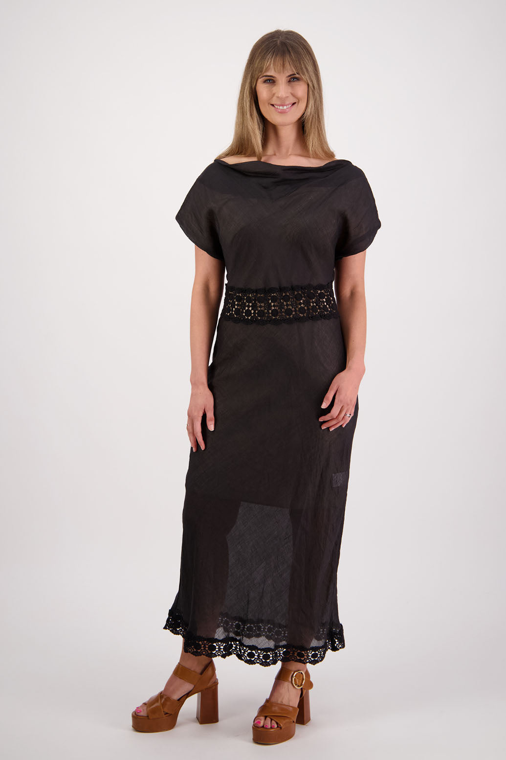 Womens wide neck dress, can be worn off the shoulder. Lace panel through waist and hem, Briarwood NZ. Ramie, Stephanie, Black.