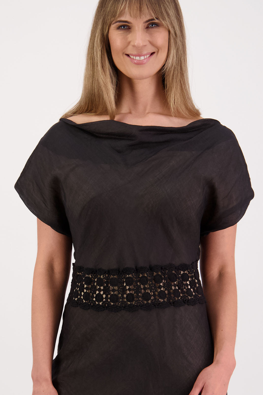 Womens wide neck dress, can be worn off the shoulder. Lace panel through waist and hem, Briarwood NZ. Ramie, Stephanie, Black.