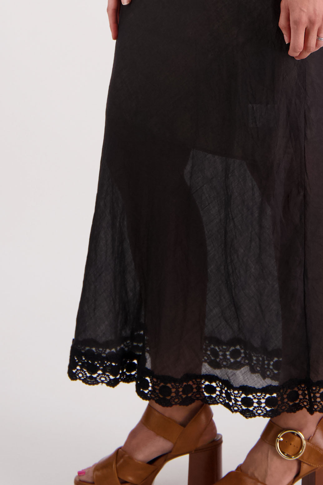 Womens wide neck dress, can be worn off the shoulder. Lace panel through waist and hem, Briarwood NZ. Ramie, Stephanie, Black.
