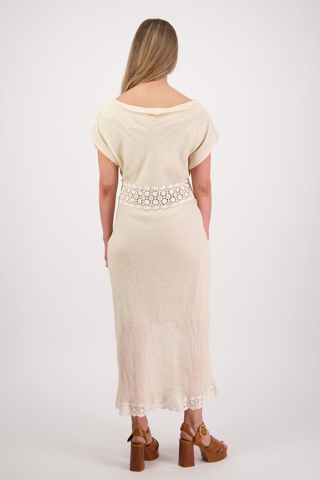 Womens wide neck dress, can be worn off the shoulder. Lace panel through waist and hem, Briarwood NZ. Ramie, Stephanie, Cream.