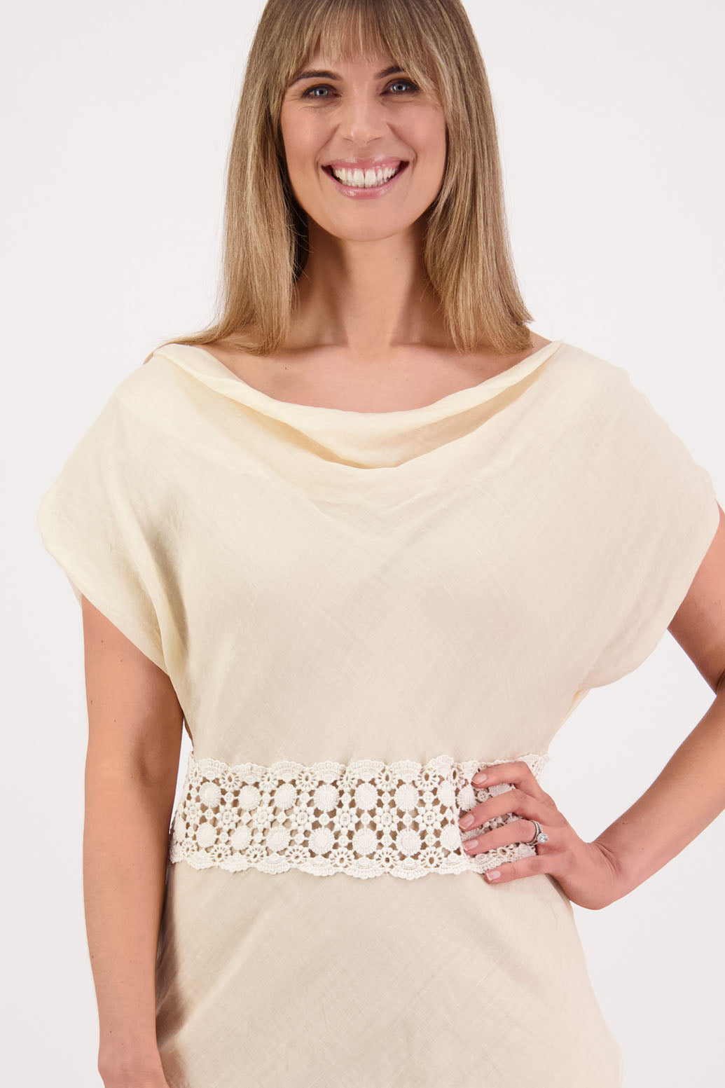 Womens wide neck dress, can be worn off the shoulder. Lace panel through waist and hem, Briarwood NZ. Ramie, Stephanie, Cream.