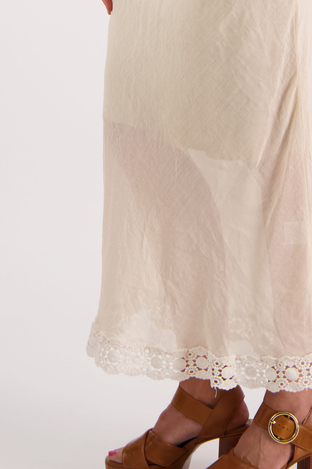 Womens wide neck dress, can be worn off the shoulder. Lace panel through waist and hem, Briarwood NZ. Ramie, Stephanie, Cream.