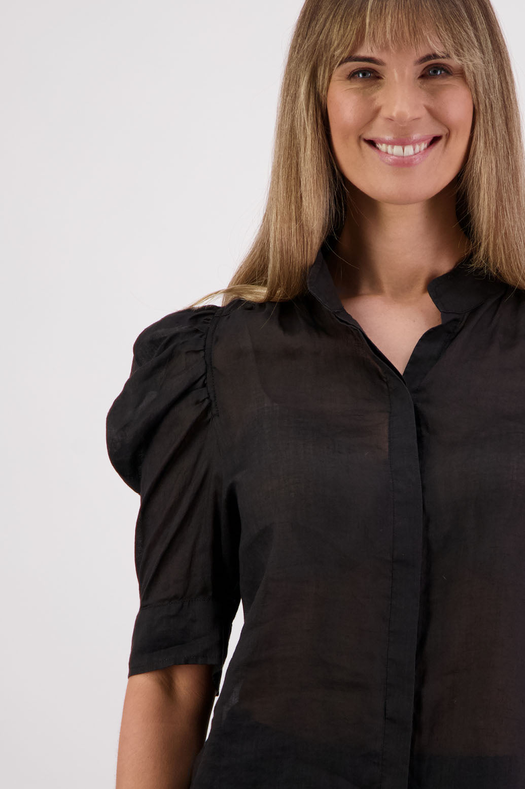 Womens Ramie Shirt with gathered puff elbow length sleeve and slight gathering across the back. Grandpa collar and slimmer fit. Briarwood NZ. Stevie Black