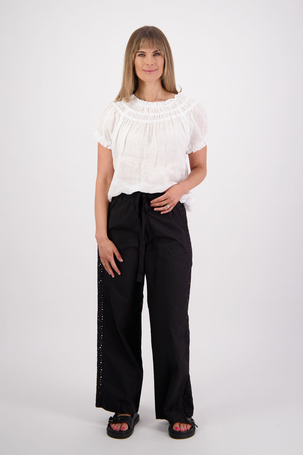Womens Black Cotton Poplin with Lace side panel detail wide leg pant. Briarwood NZ. Sunshine