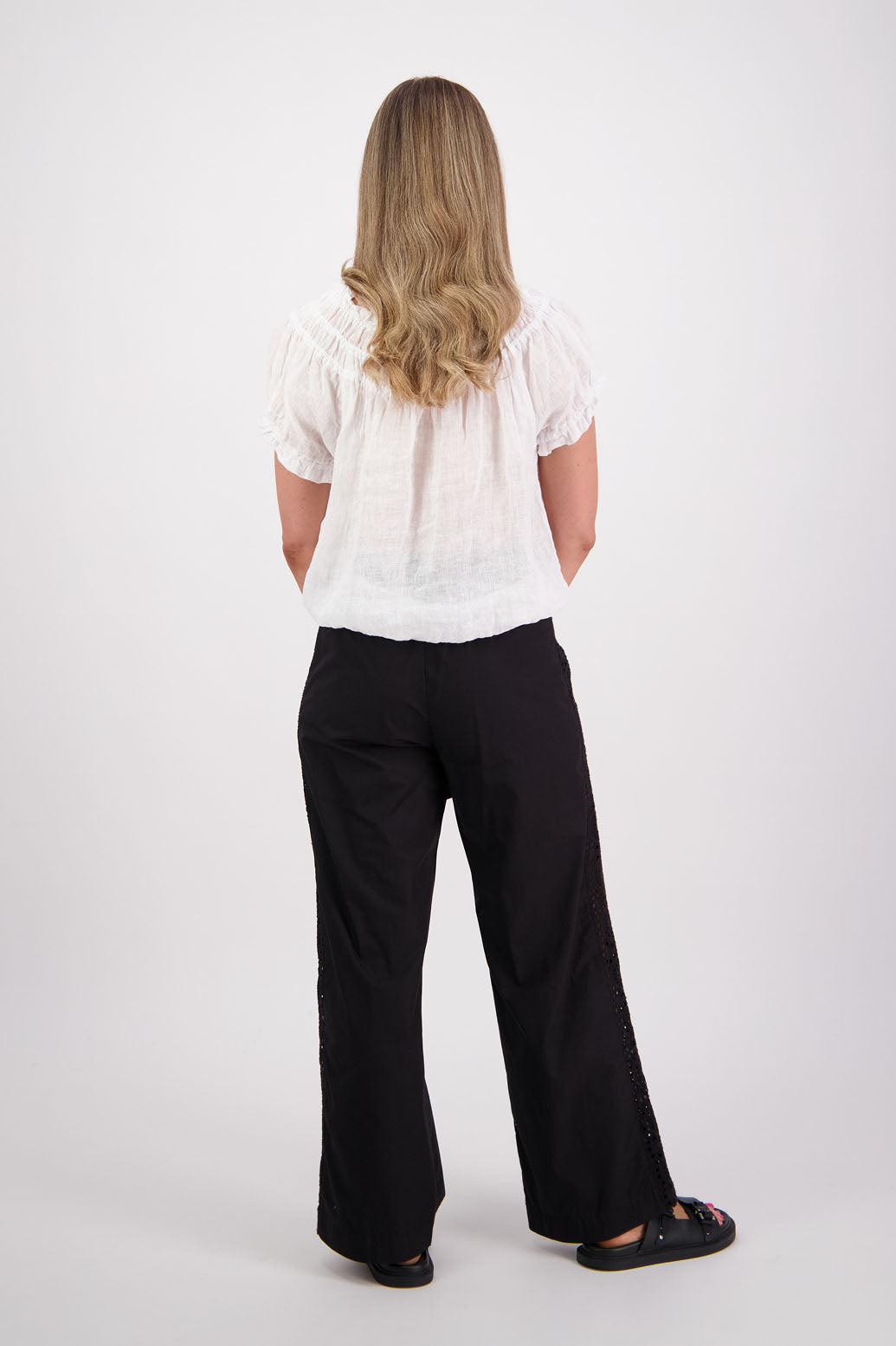 Womens Black Cotton Poplin with Lace side panel detail wide leg pant. Briarwood NZ. Sunshine