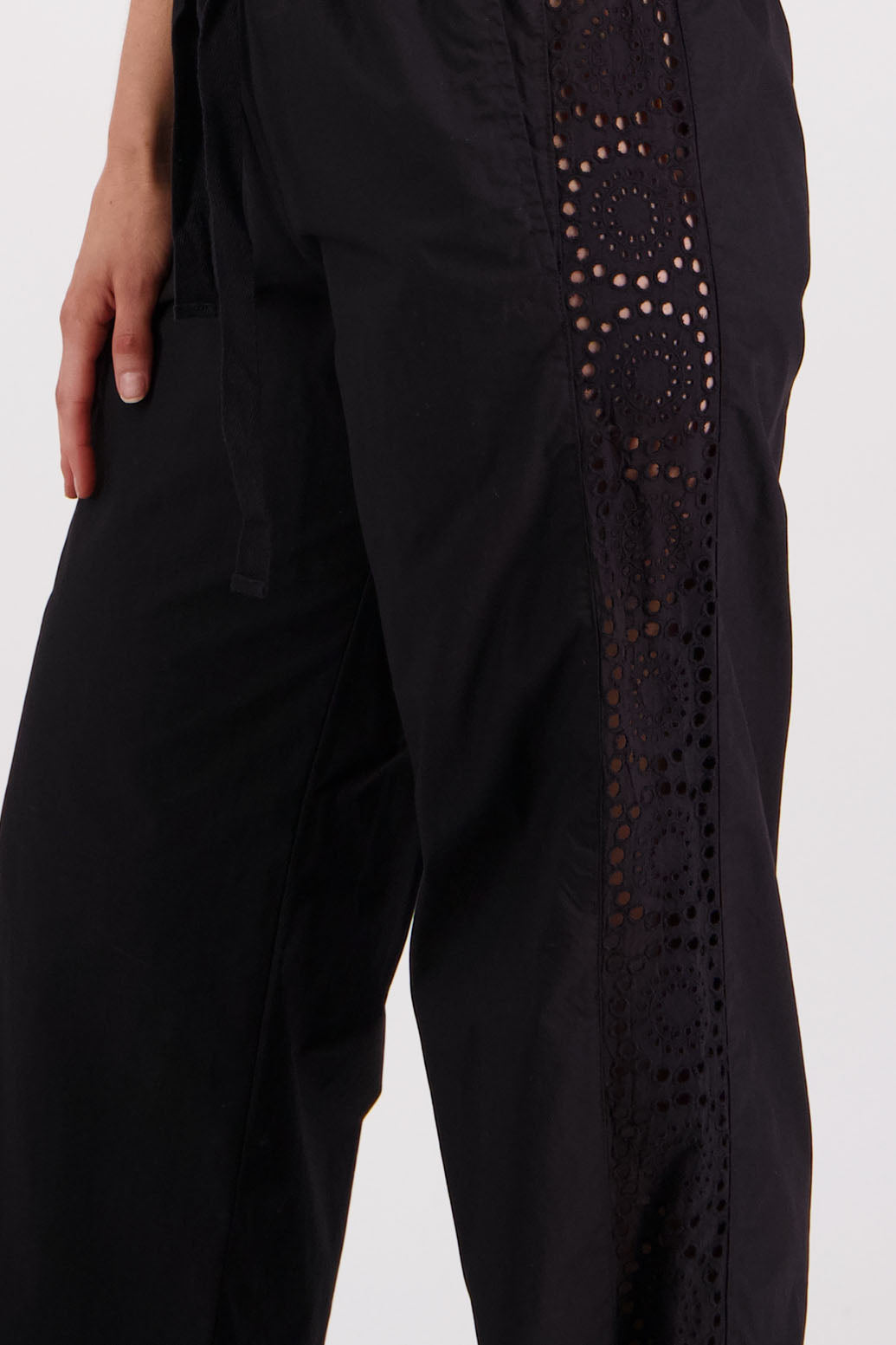 Womens Black Cotton Poplin with Lace side panel detail wide leg pant. Briarwood NZ. Sunshine