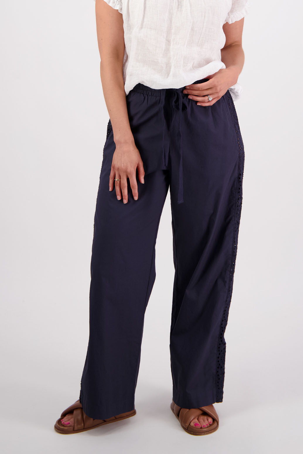 Womens Ink Cotton Poplin with Lace side panel detail wide leg pant. Briarwood NZ. Sunshine
