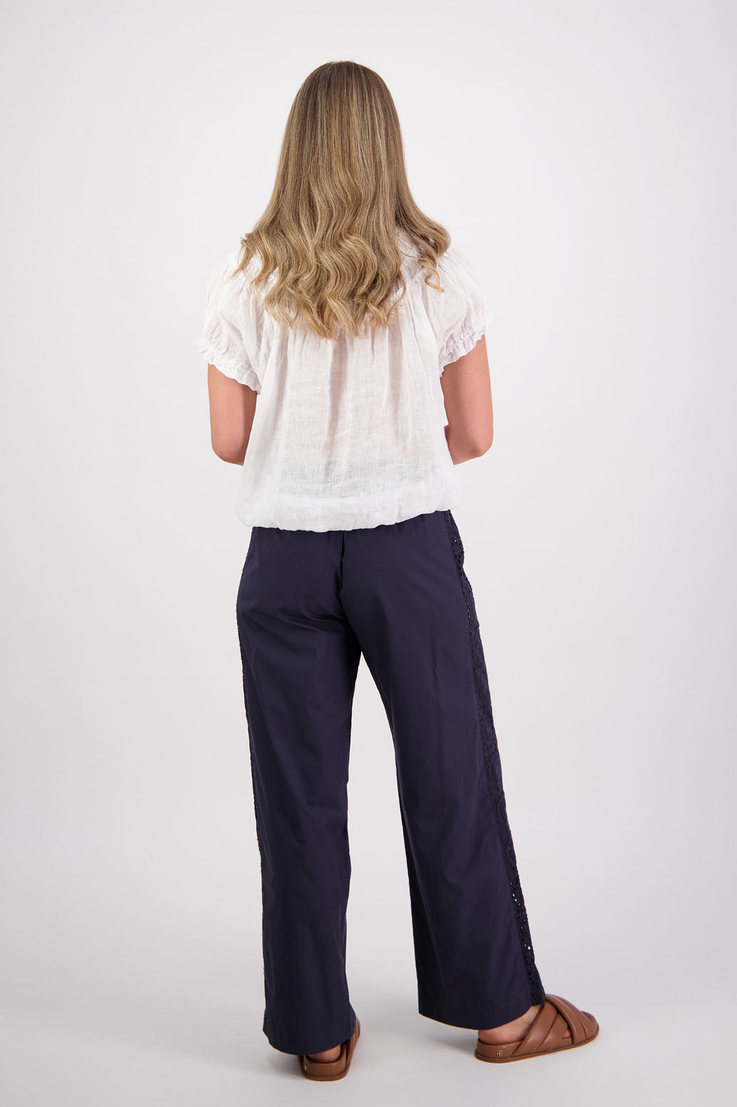 Womens Ink Cotton Poplin with Lace side panel detail wide leg pant. Briarwood NZ. Sunshine