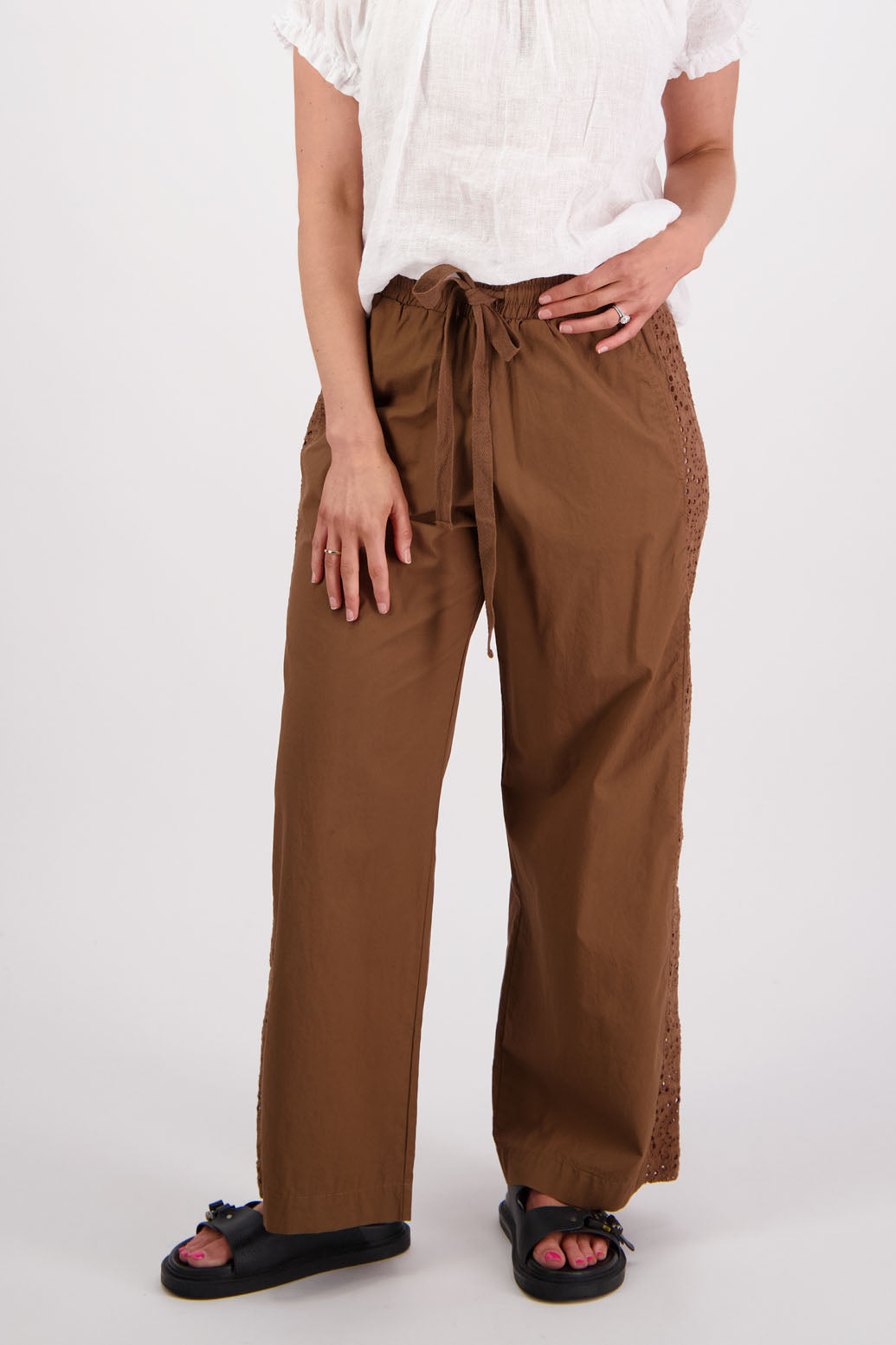 Womens Tan Cotton Poplin with Lace side panel detail wide leg pant. Briarwood NZ. Sunshine