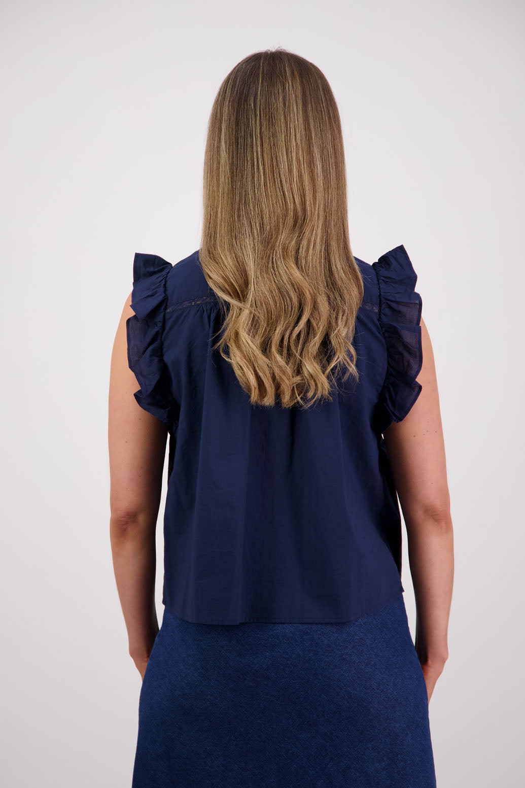 Womens ink boho top with lace panels, pin tucks and signature ruffles over the shoulder. Briarwood NZ. Cotton Voile. Susan
