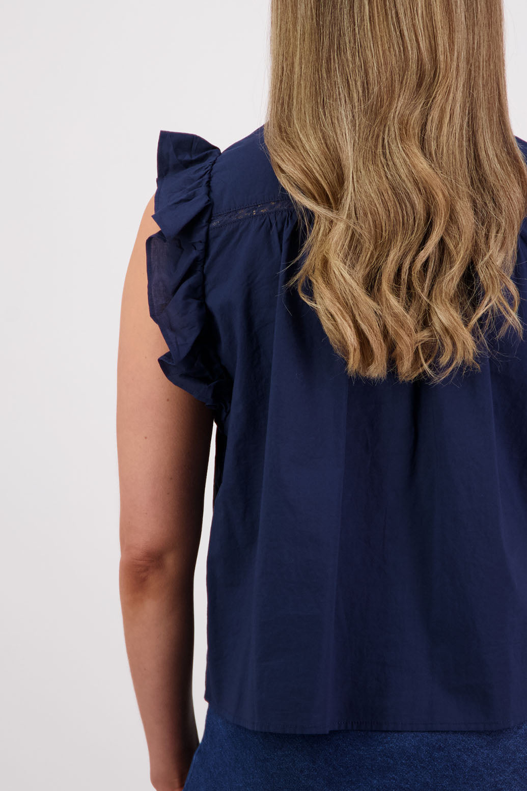 Womens ink boho top with lace panels, pin tucks and signature ruffles over the shoulder. Briarwood NZ. Cotton Voile. Susan