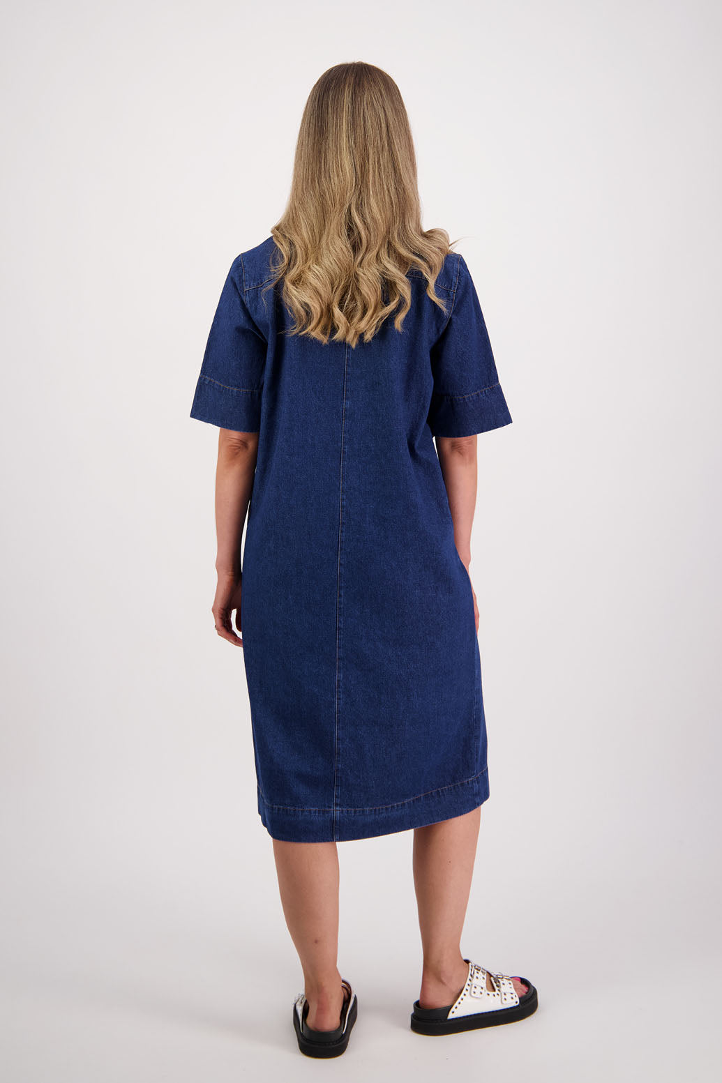 Womens Denim Dress with stitched on pockets, patch pockets and covered buttons. Straight skirt. Briarwood NZ