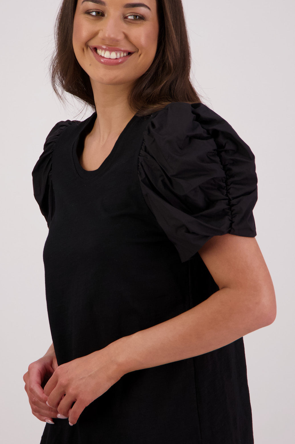 Closeup side view Briarwood Suzie T-shirt in Black.