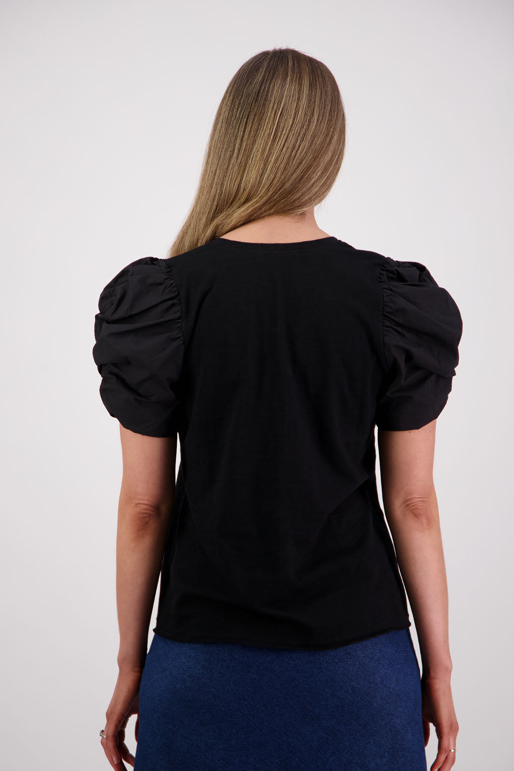 Womens Black Cotton T-Shirt with Puffed Coton Voile Sleeves. Briarwood NZ. Suzie, Black