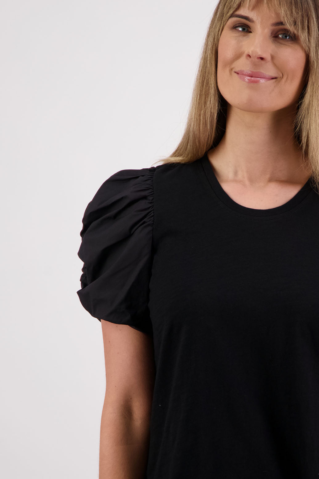 Womens Black Cotton T-Shirt with Puffed Coton Voile Sleeves. Briarwood NZ. Suzie, Black