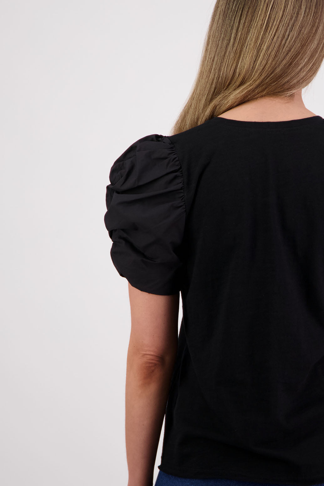 Womens Black Cotton T-Shirt with Puffed Coton Voile Sleeves. Briarwood NZ. Suzie, Black