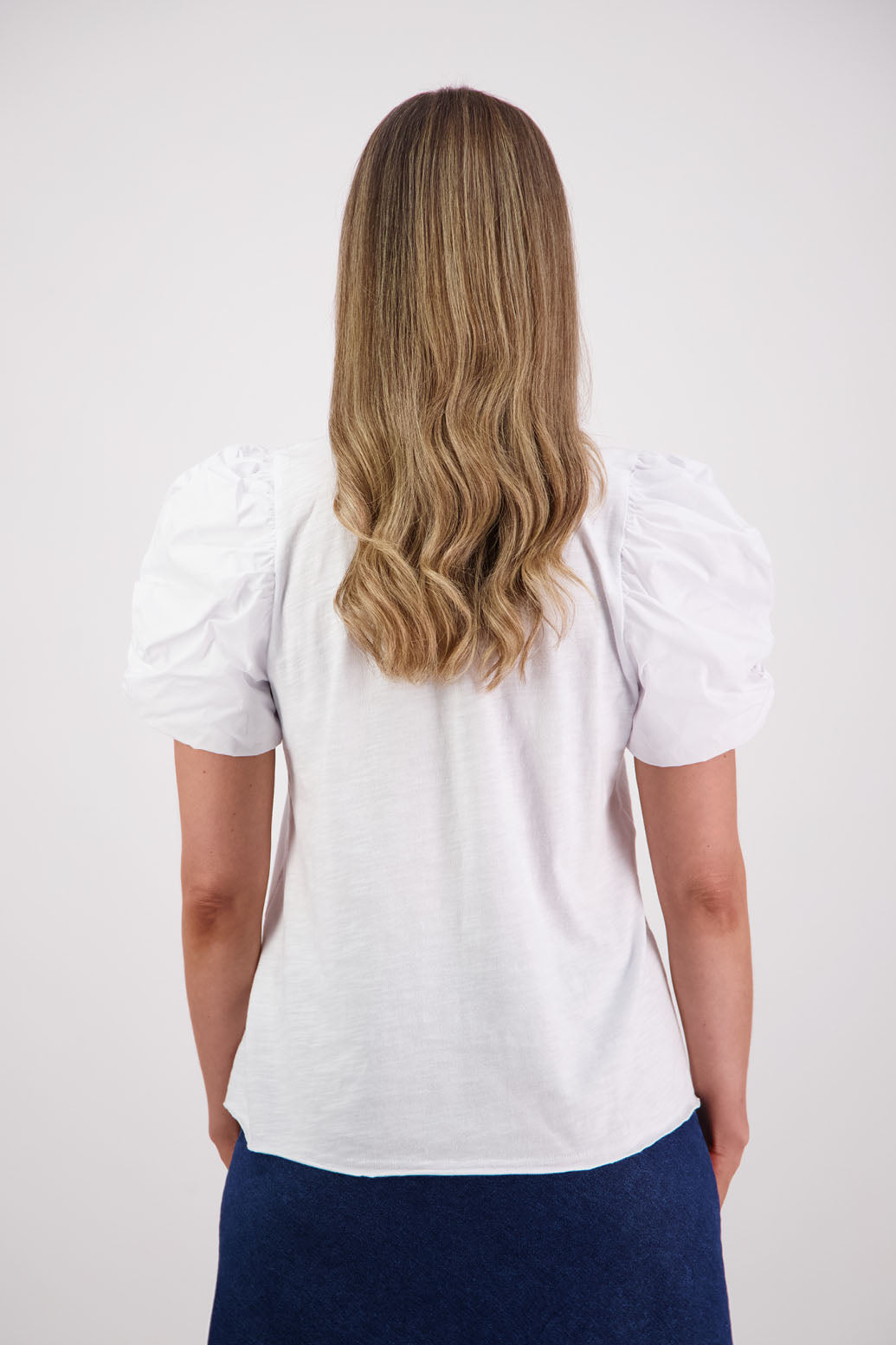 Womens Black Cotton T-Shirt with Puffed Coton Voile Sleeves. Briarwood NZ. Suzie, White