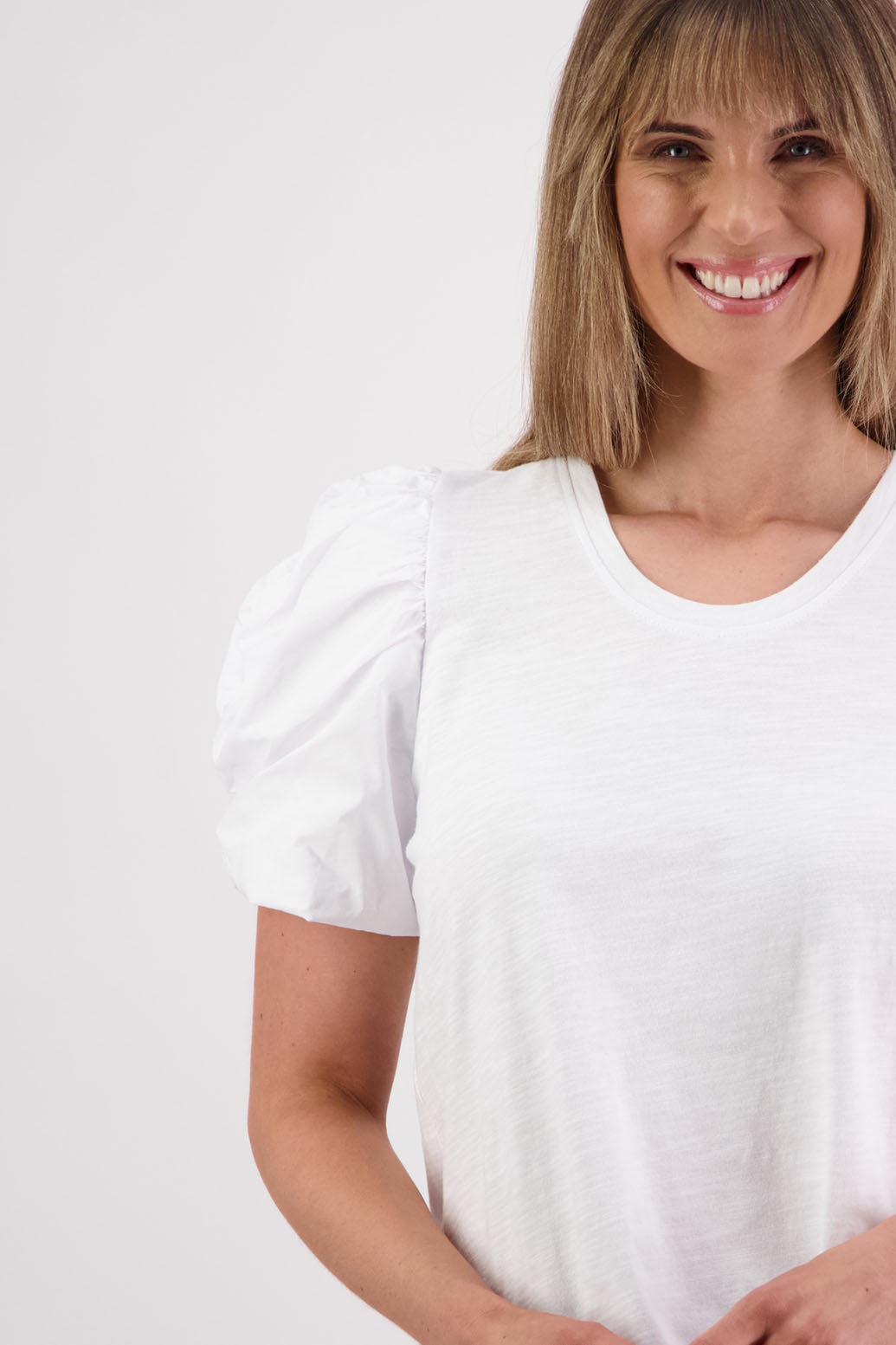 Womens Black Cotton T-Shirt with Puffed Coton Voile Sleeves. Briarwood NZ. Suzie, White