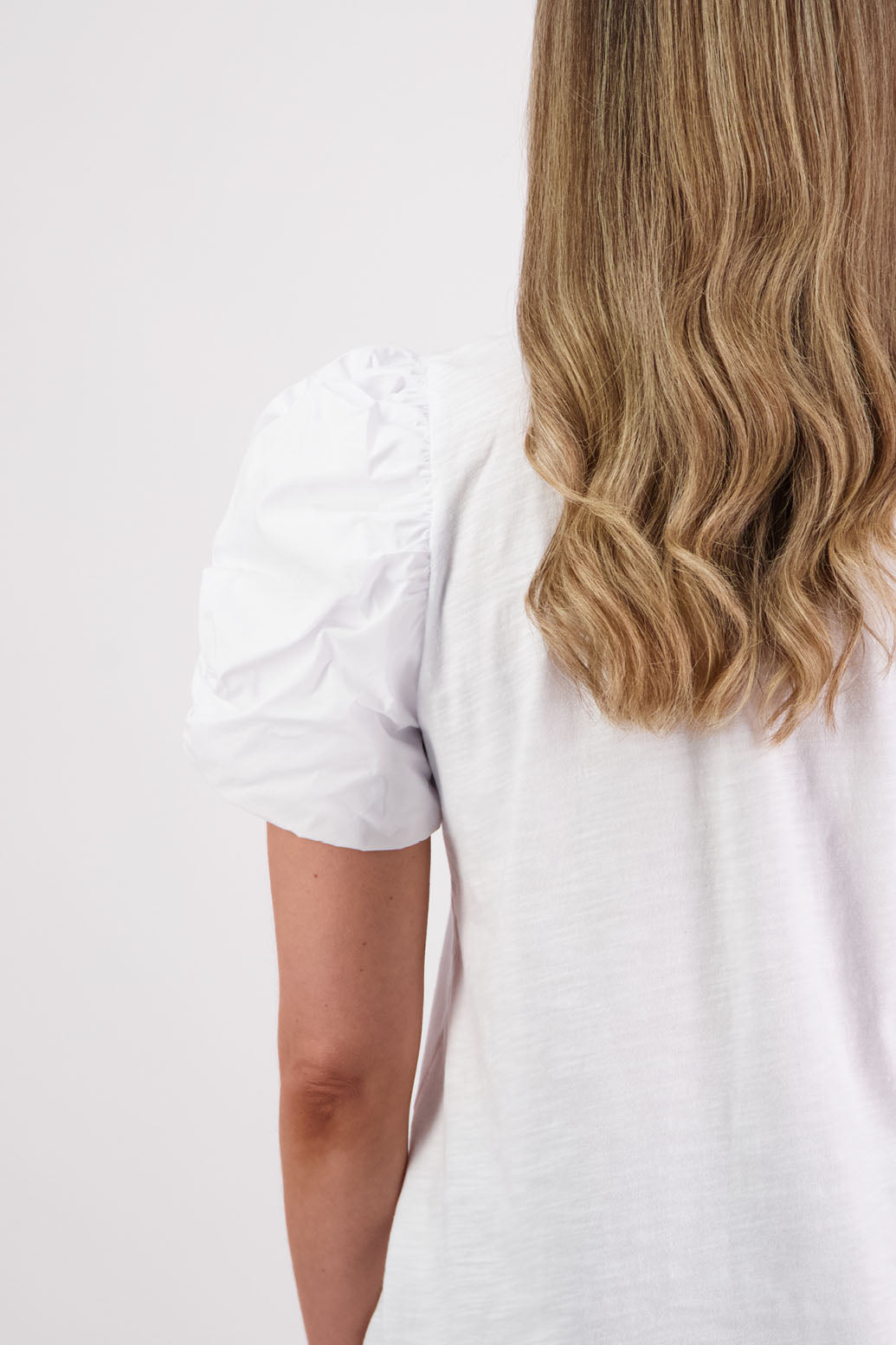 Womens Black Cotton T-Shirt with Puffed Coton Voile Sleeves. Briarwood NZ. Suzie, White