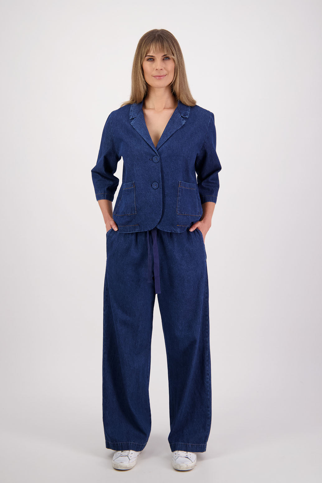 Womens wide leg denim pant with elasticated waist and pockets. Briarwood NZ. Suzuki