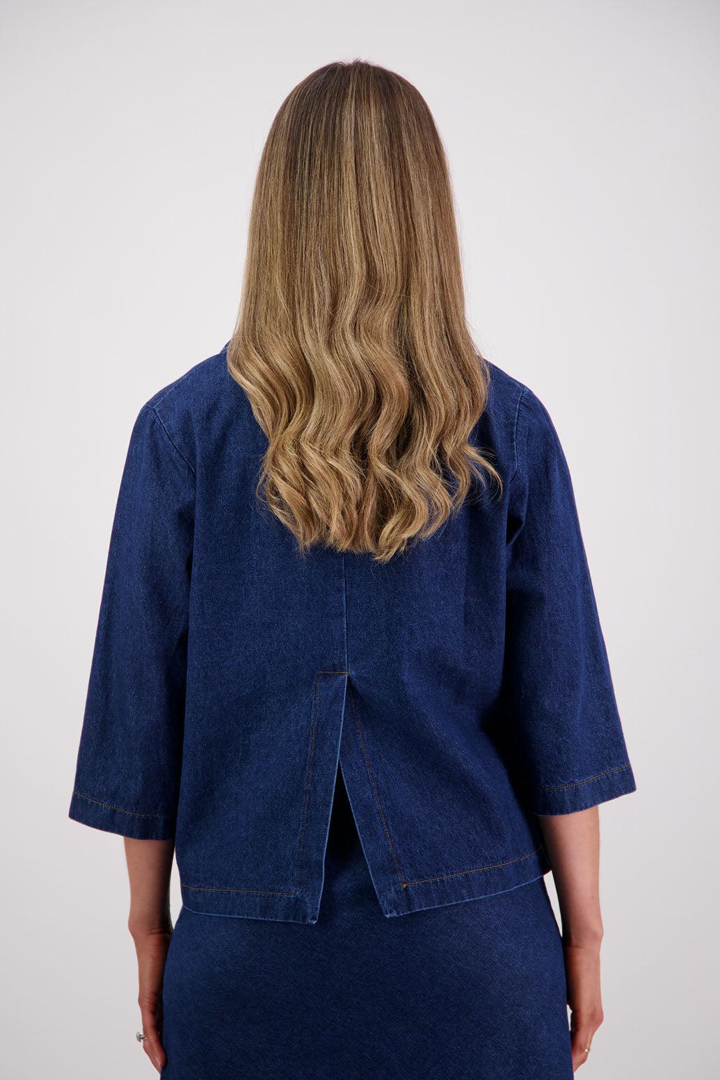 Womens denim jacket with 3/4 sleeves, stitched on pockets and back split. Briarwood NZ. Sydney