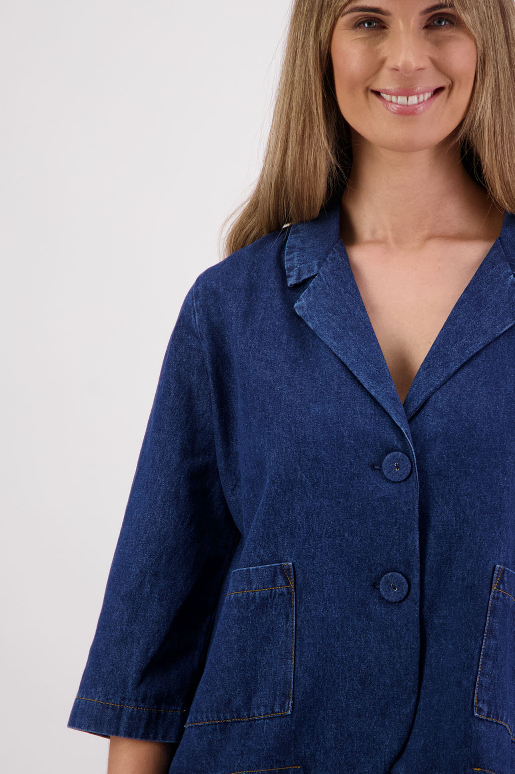 Womens denim jacket with 3/4 sleeves, stitched on pockets and back split. Briarwood NZ. Sydney