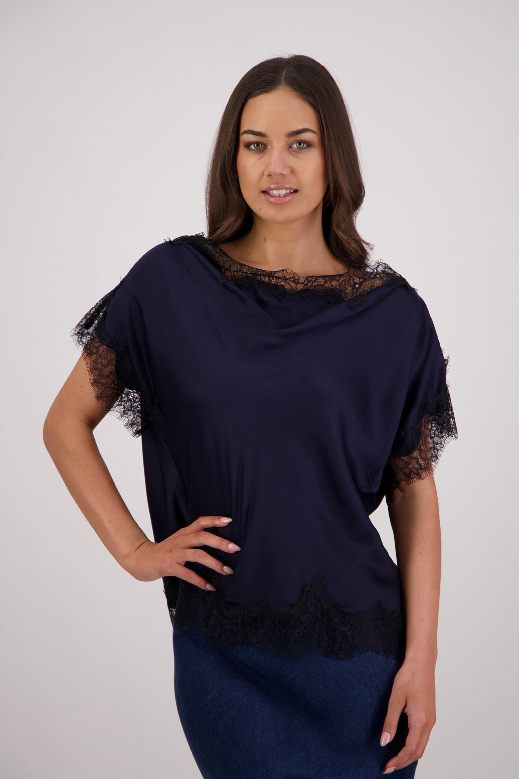 Briarwood Tabby Top in ink, 100% viscose with black lace trims.