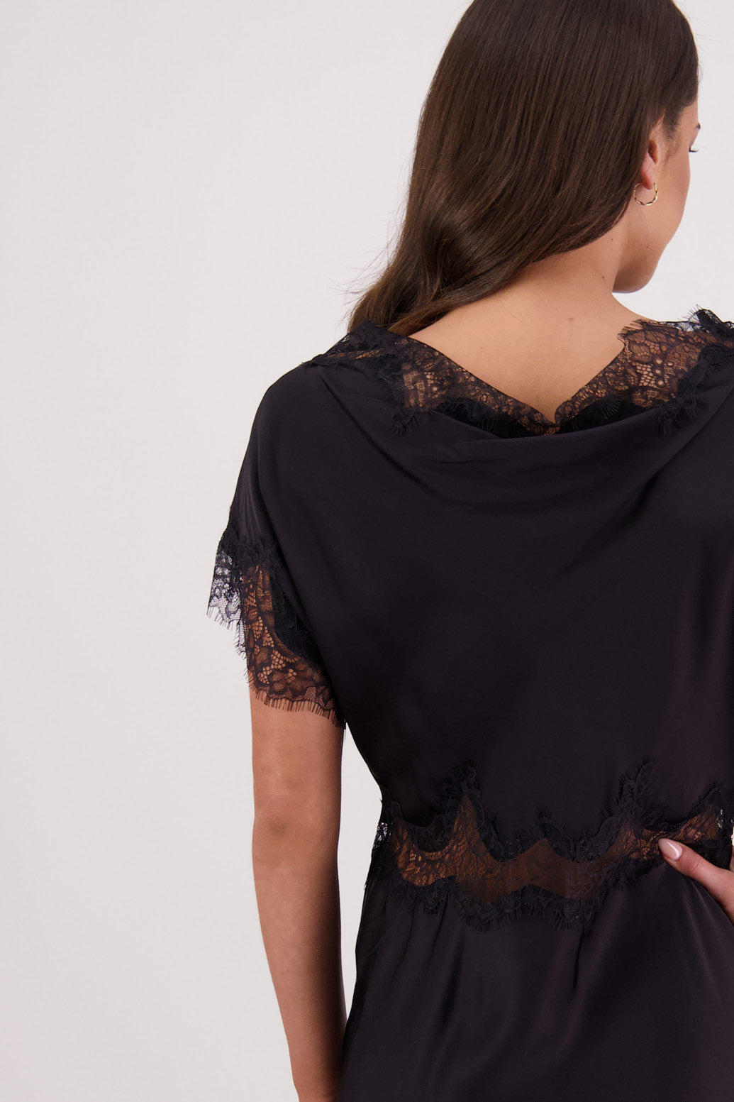 Close up back view Tabitha Dress in Black with Lace trim.