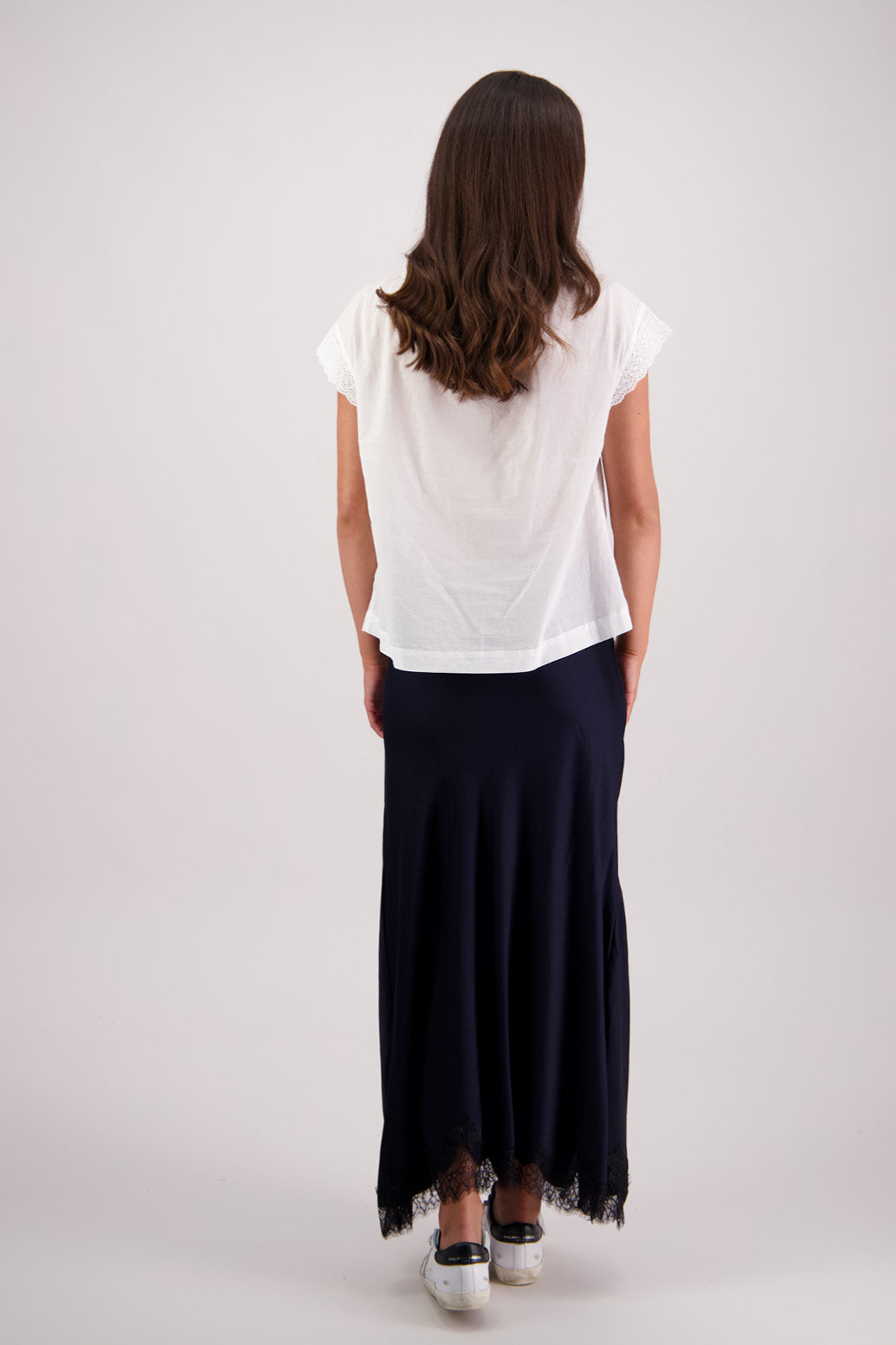Back view Briarwood Tallulah skirt in ink with black lace trim.