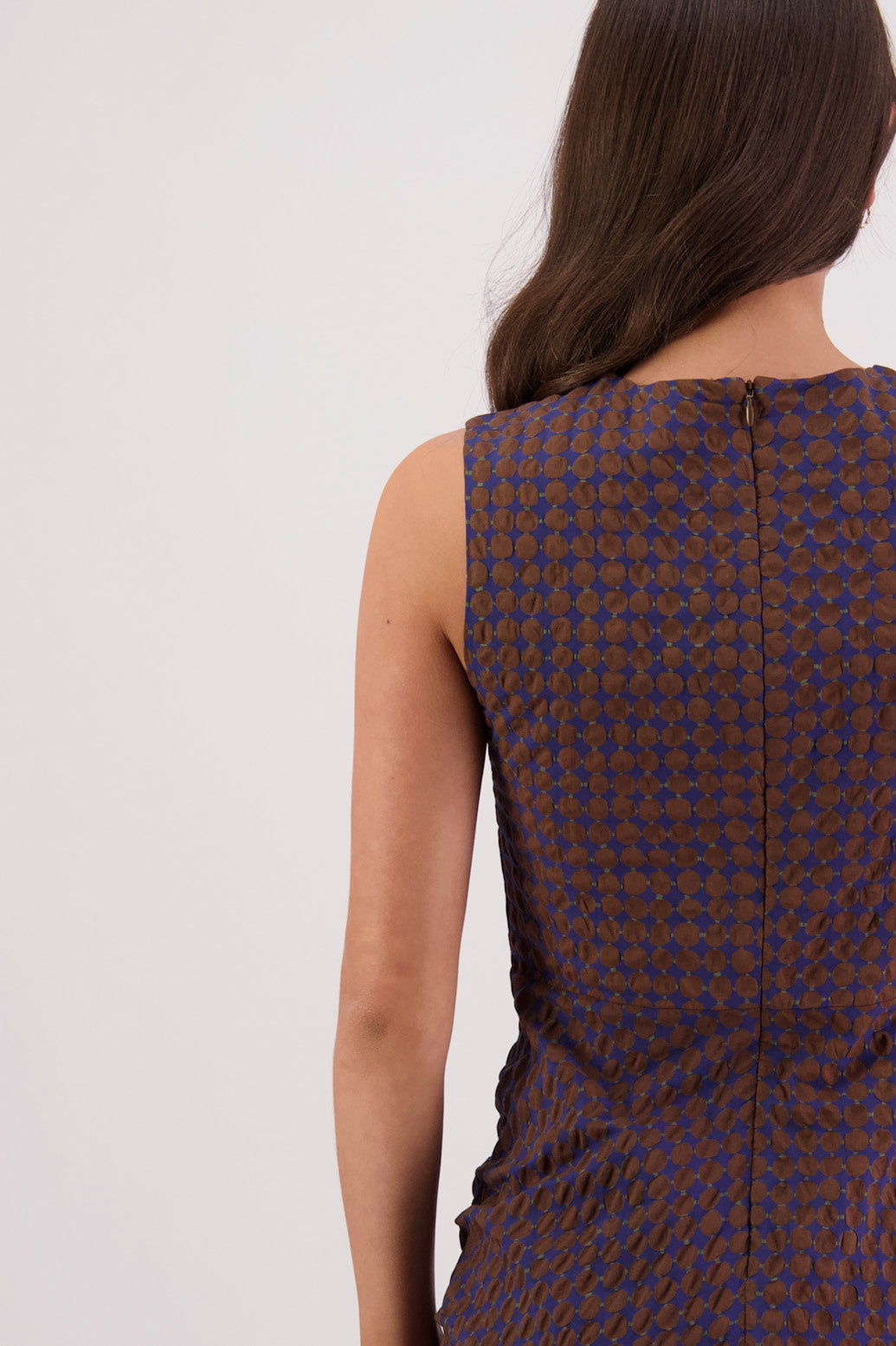 Closeup back view Briarwood Tamara Dress in Brown/Ink pattern.