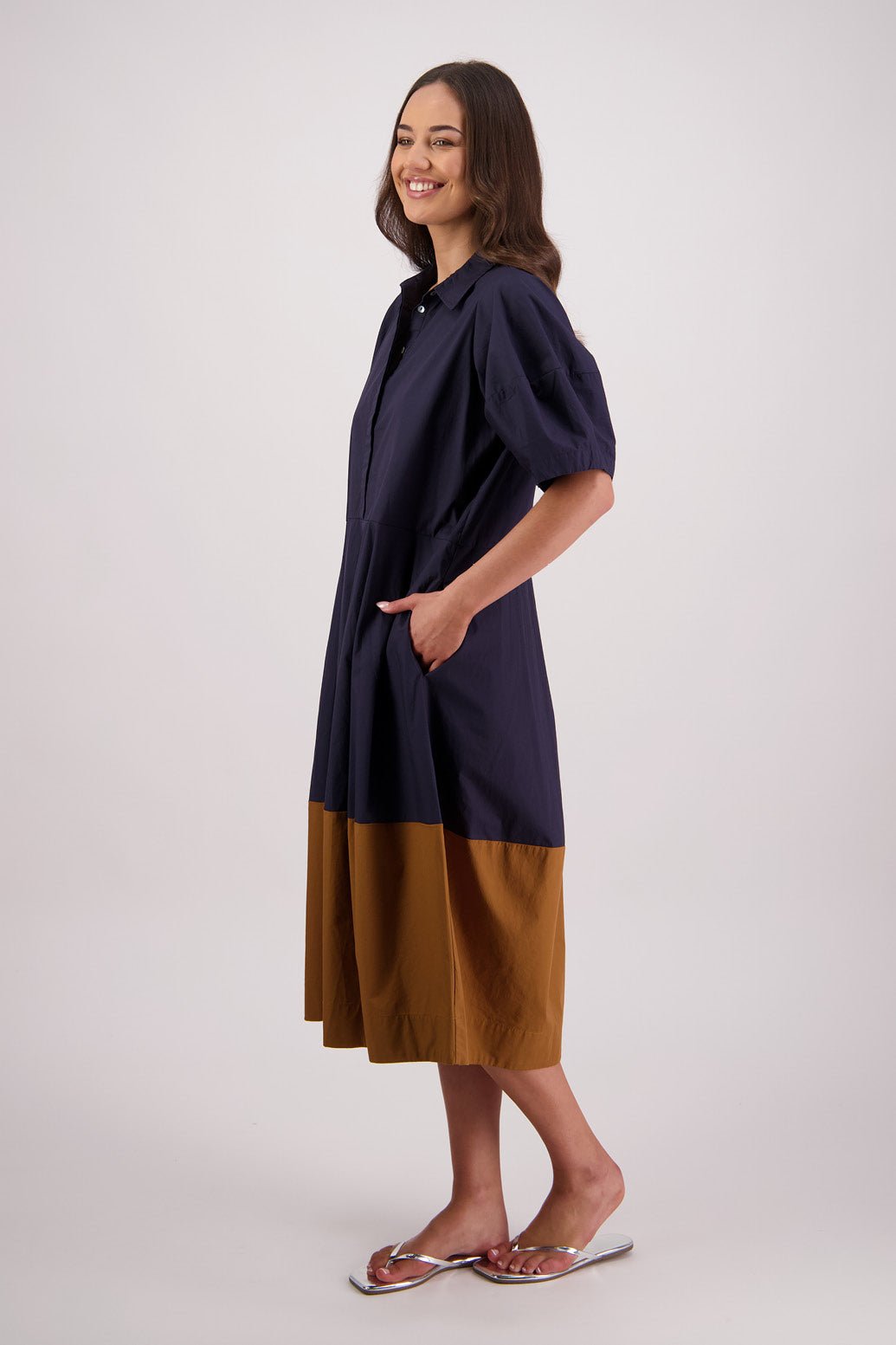 Side view Briarwood Tamsin Shirt Dress in Ink/Tan